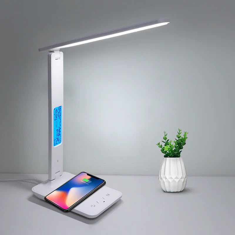 LAOPAO 10W QI Wireless Charging LED Desk Lamp With Calendar Temperature Alarm Clock Eye Protect Study Business Light Table Lamp
