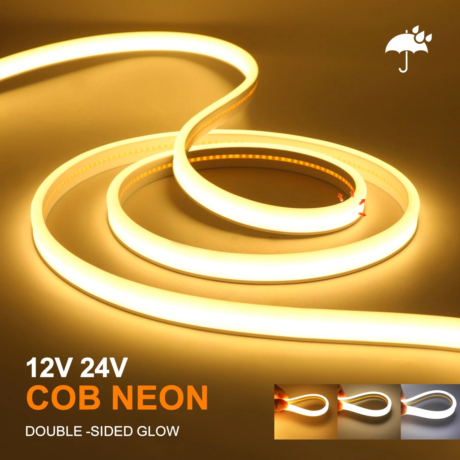 LED Strip COB Neon Light 12V 24V Front+Side Glow Flexible COB LED Tape 320LEDs High Density Linear Light Waterproof LED Ribbon