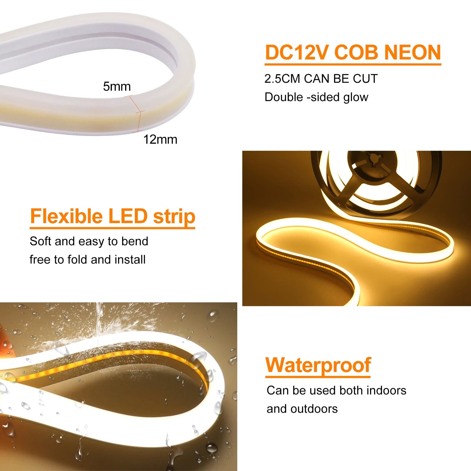 LED Strip COB Neon Light 12V 24V Front+Side Glow Flexible COB LED Tape 320LEDs High Density Linear Light Waterproof LED Ribbon