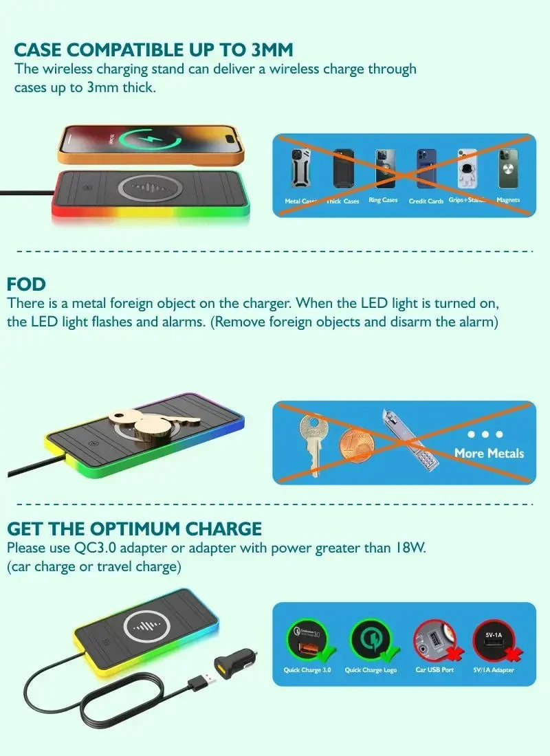 Car 100W Wireless Charger Pad ON/OFF RGB Anti Slip Base Phone Holder for iPhone 16-12 Samsung Xiaomi AirPods Pro 2 Fast Charging