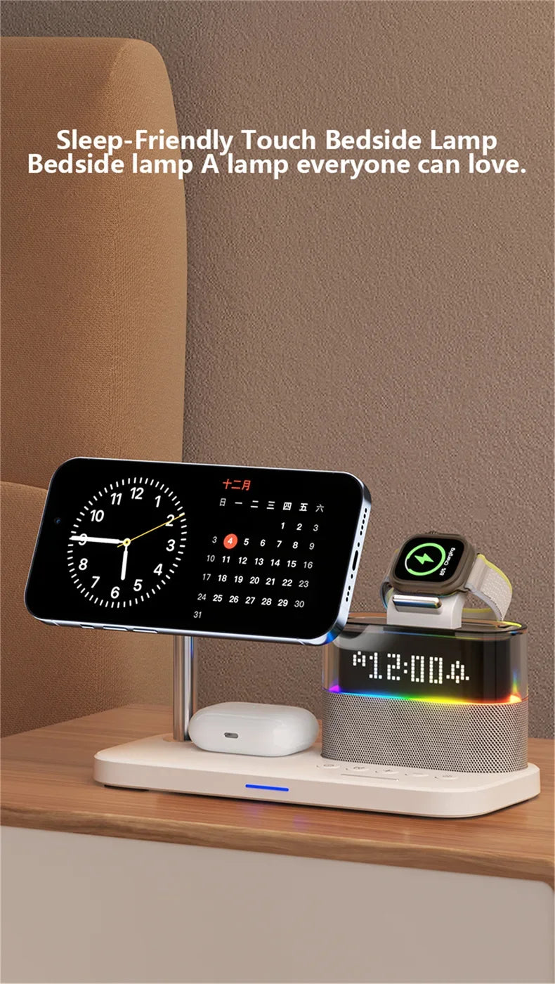 Qi2 5 In 1 Magnetic Wireless Charger Stand LED Night Light Alarm Clock for Samsung iPhone IWatch Airpods Fast Charging Station