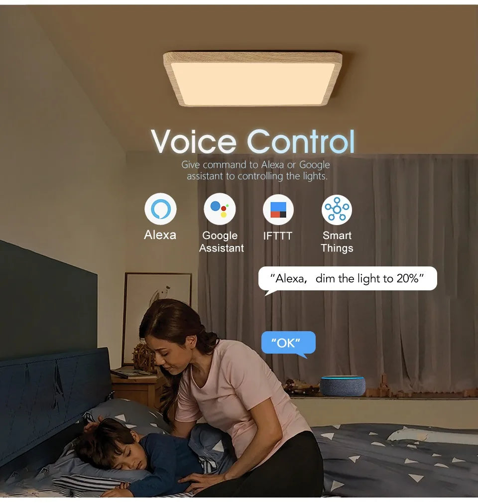 MARPOU Tuya Smart LED Ceiling Lamp Wood Grain App Voice Control Alexa/Google Remote Control Square Ceiling Lights Living Room