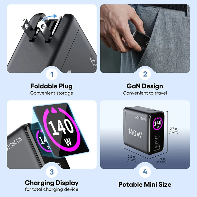 140W GaN USB-C Wall Charger 3-Port Power Meter,PD3.1 140W PD100W PPS 65W 45W QC5 for MacBook Pro iPhone 17 16 Galaxy S25