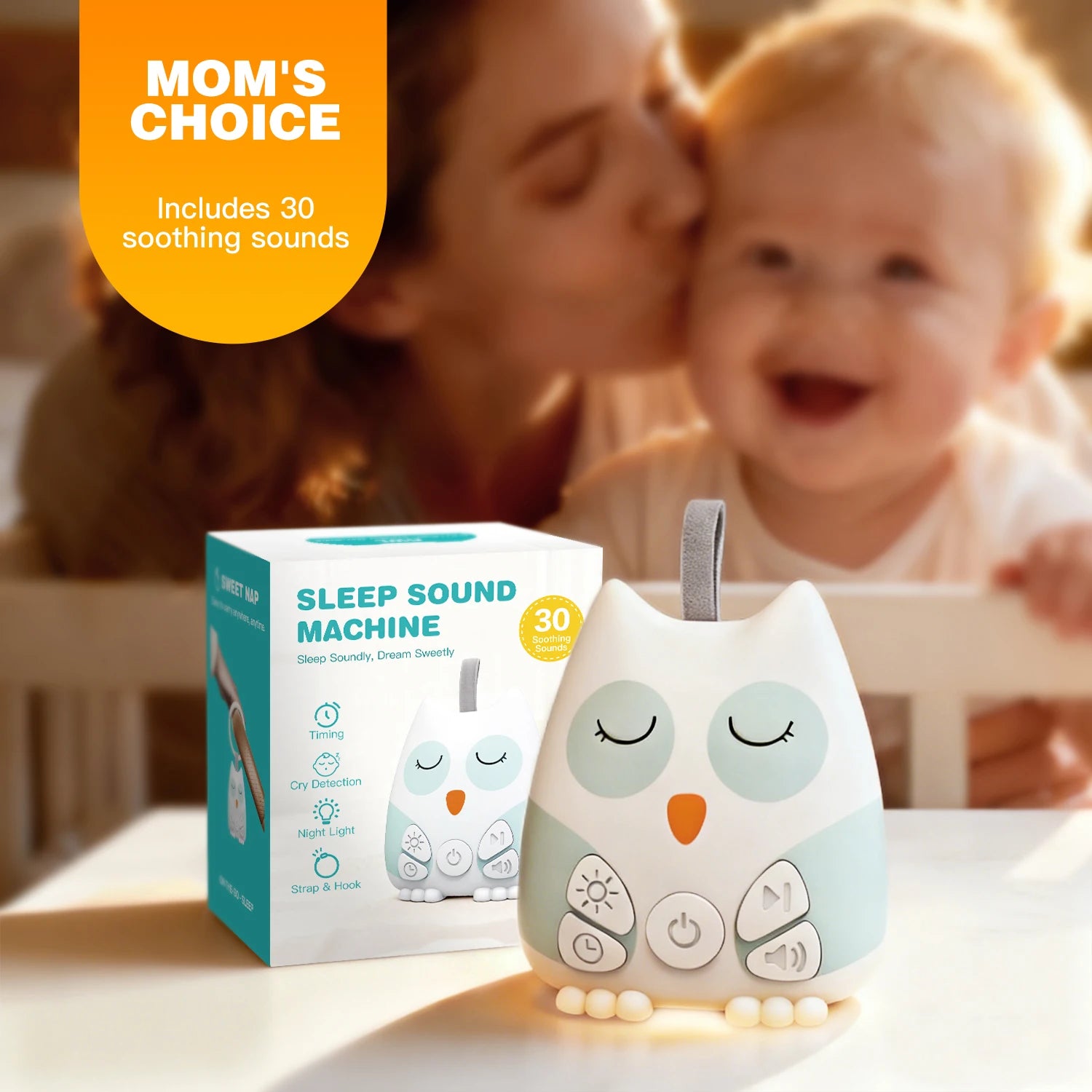 Portable White Noise Sound Machine for Baby 30 Soothing Sounds Crying Sensor for Infants with Night Light Timer Rechargeable