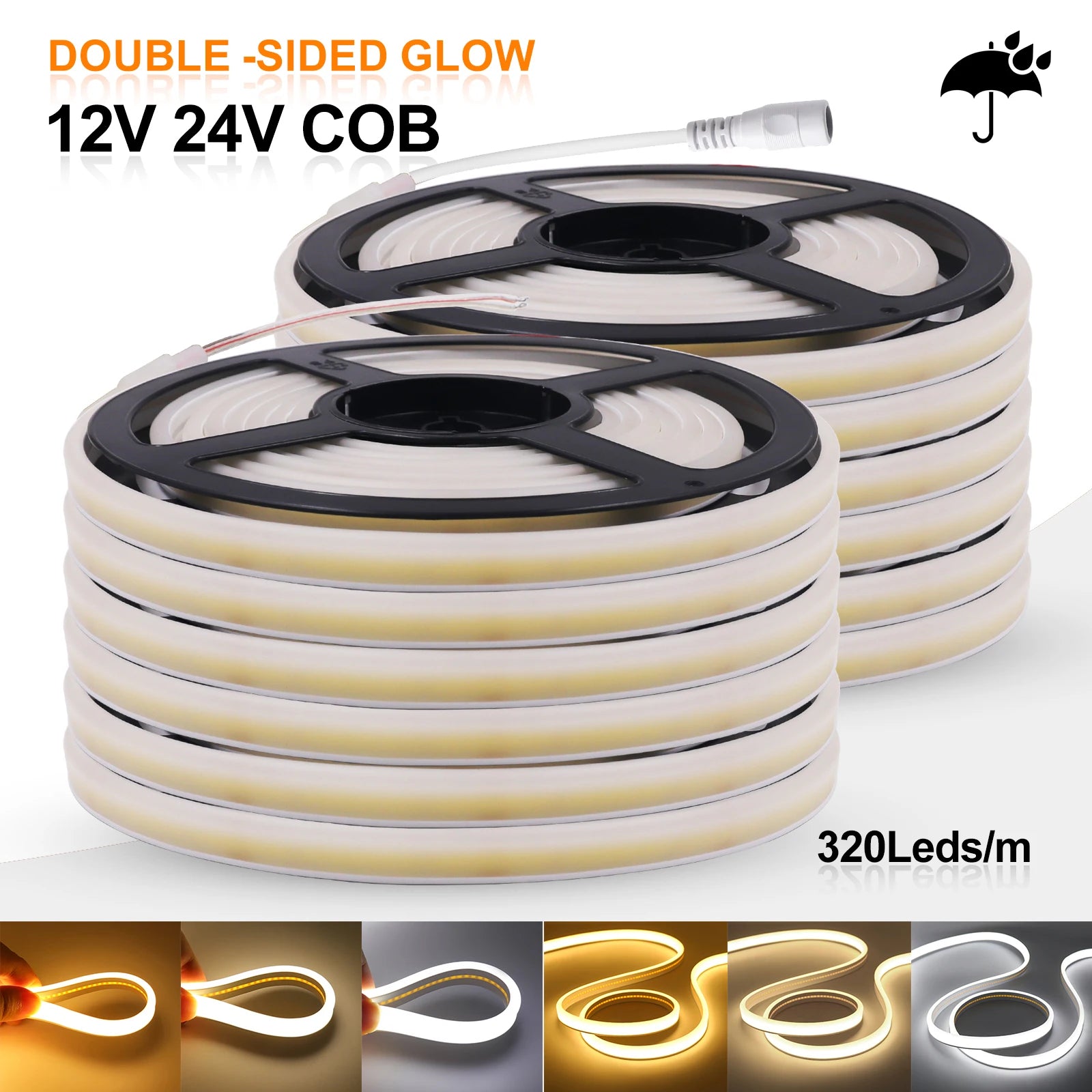 LED Strip COB Neon Light 12V 24V Front+Side Glow Flexible COB LED Tape 320LEDs High Density Linear Light Waterproof LED Ribbon