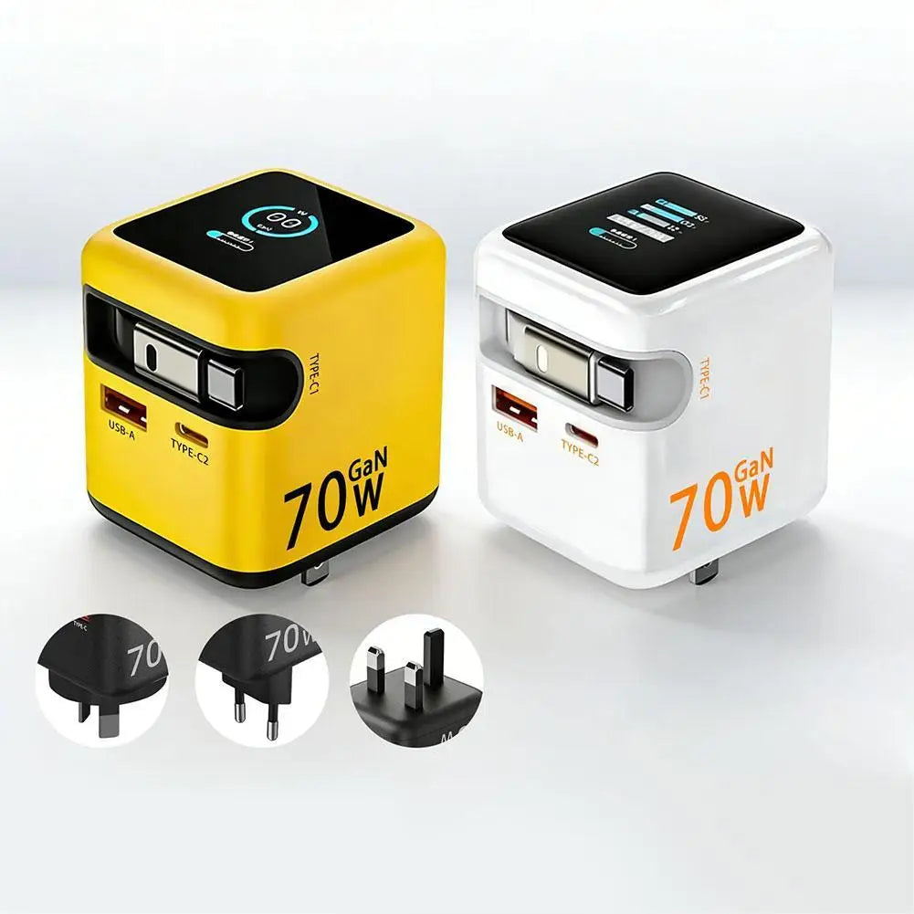 70W Smart AI GaN Charger TFT Touch Digital Display With Retractable Charging Cable And Fast Charging Head Kit