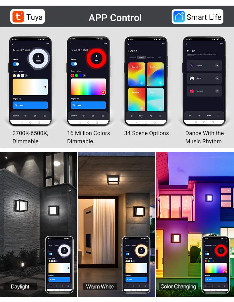 WIFI Smart LED Wall Lamp Outdoor Light Fxiture 20W 2700k-6500k Waterproof RGBICW Color Voice Control Work With Alexa Google