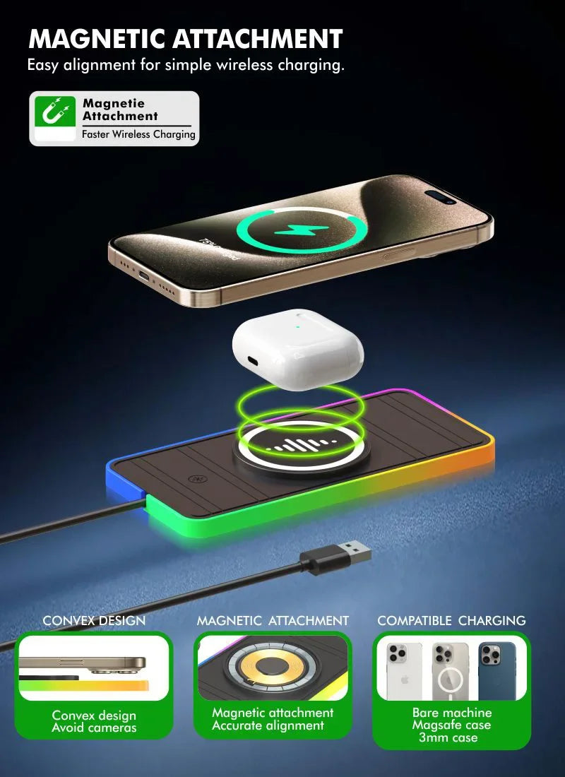 30W Magnetic Car Wireless Charger Pad RGB Light Non-Slip Car Charger for iPhone 17 16 Samsung Xiaomi Airprods Fast Charging