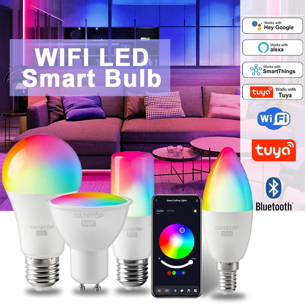 Dimmable Tuya Rgb Smart Bulb Gu10 C37 A60 T37 E14 E27 B22 Light Wifi Led Magic Lamp AC85V-265V Work With Alexa Google Home