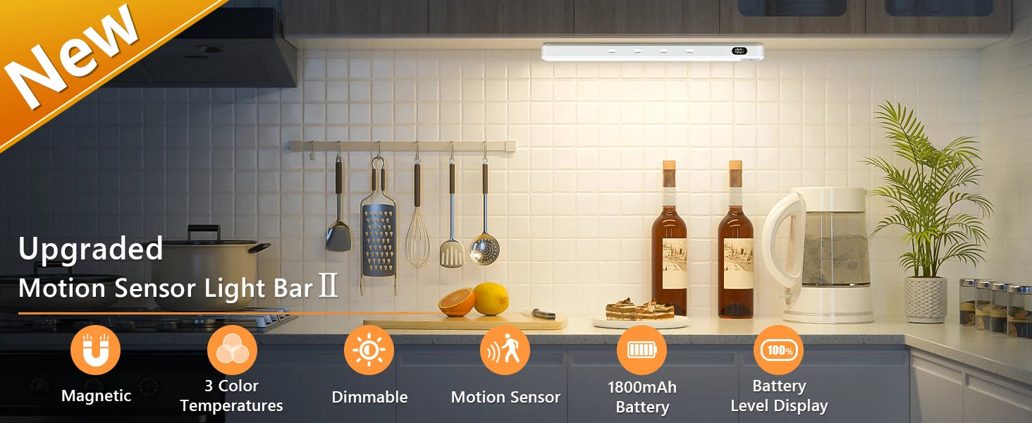 WILLED  Motion Sensor Cabinet Light Battery Display 60 LED Touch Light Bar Wireless Rechargeable Battery Night Light