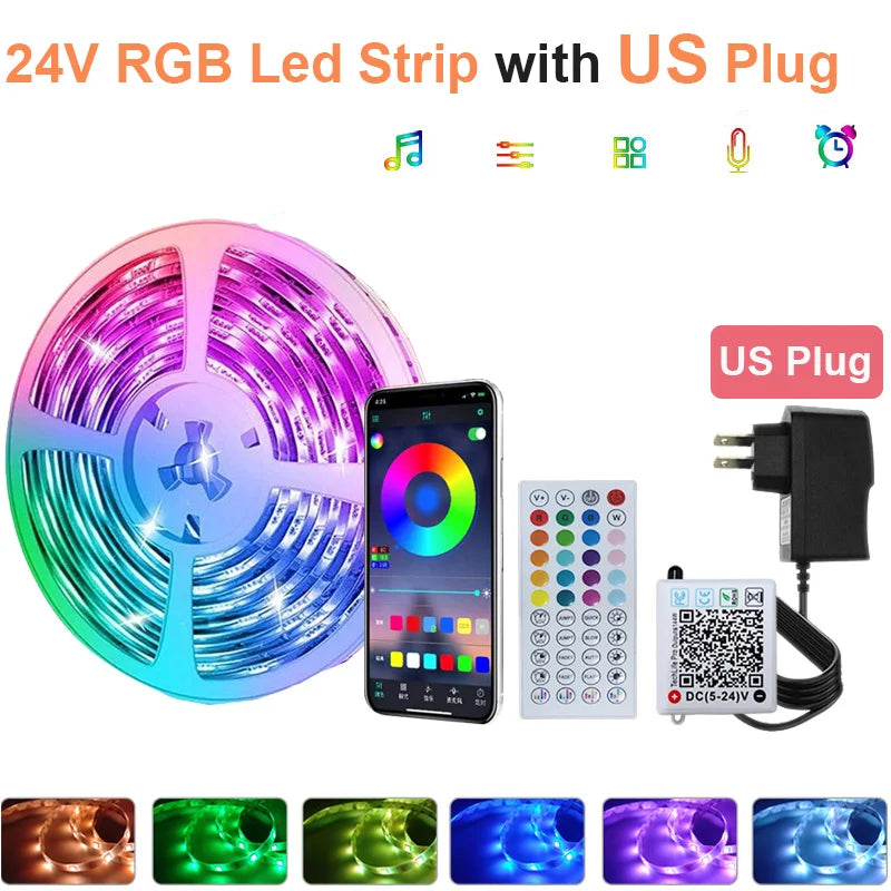 New 24V 5M 10M 20M 30M RGB LED Lights Strip Room Lamp Tape Music SYNC APP Remote Control Luces Led for Home Decor TV Backlight