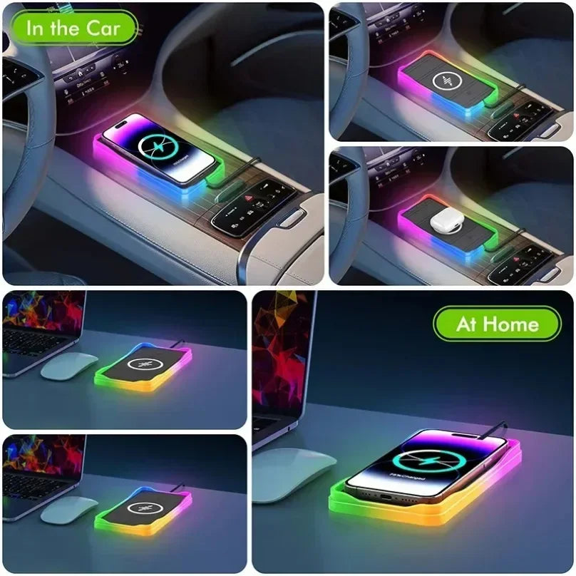 Car 100W Wireless Charger Pad ON/OFF RGB Anti Slip Base Phone Holder for iPhone 16-12 Samsung Xiaomi AirPods Pro 2 Fast Charging