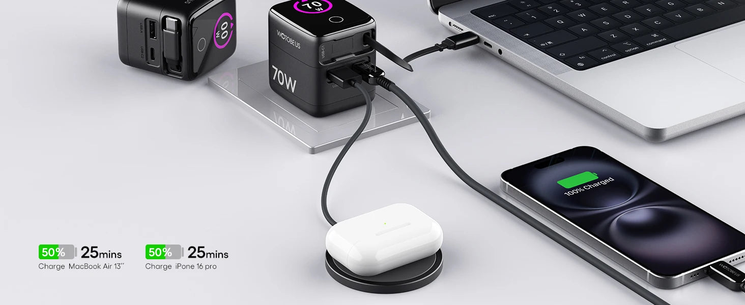 70W GaN USB-C Charger With Retractable Cable Power Adapter 65W PPS 45W Fast Charging for iPhone 17 Galaxy MacBook iPad