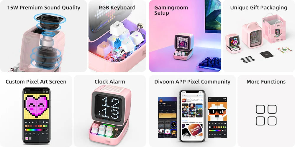 Divoom Ditoo-Pro Retro Pixel Art Bluetooth Portable Speaker Alarm Clock DIY LED Display Board, Cute Gift Home Light Decoration