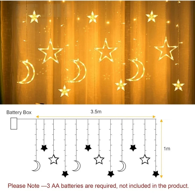 LED Star Moon Curtain String Light 3.5M Battery Powered Christmas Garland Decor Light Wedding Party Ramadan Decoration Supplies