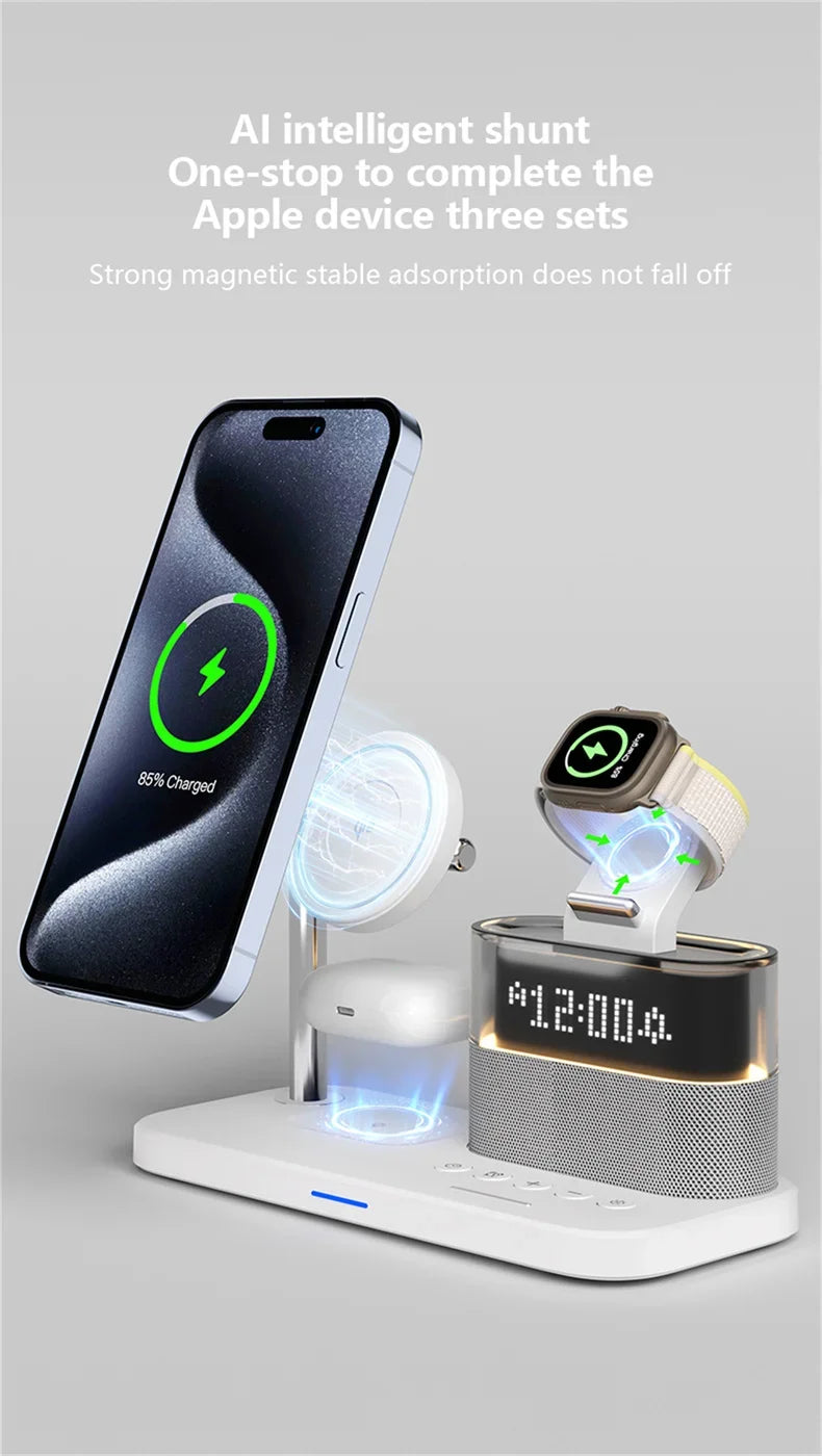 Qi2 5 In 1 Magnetic Wireless Charger Stand LED Night Light Alarm Clock for Samsung iPhone IWatch Airpods Fast Charging Station