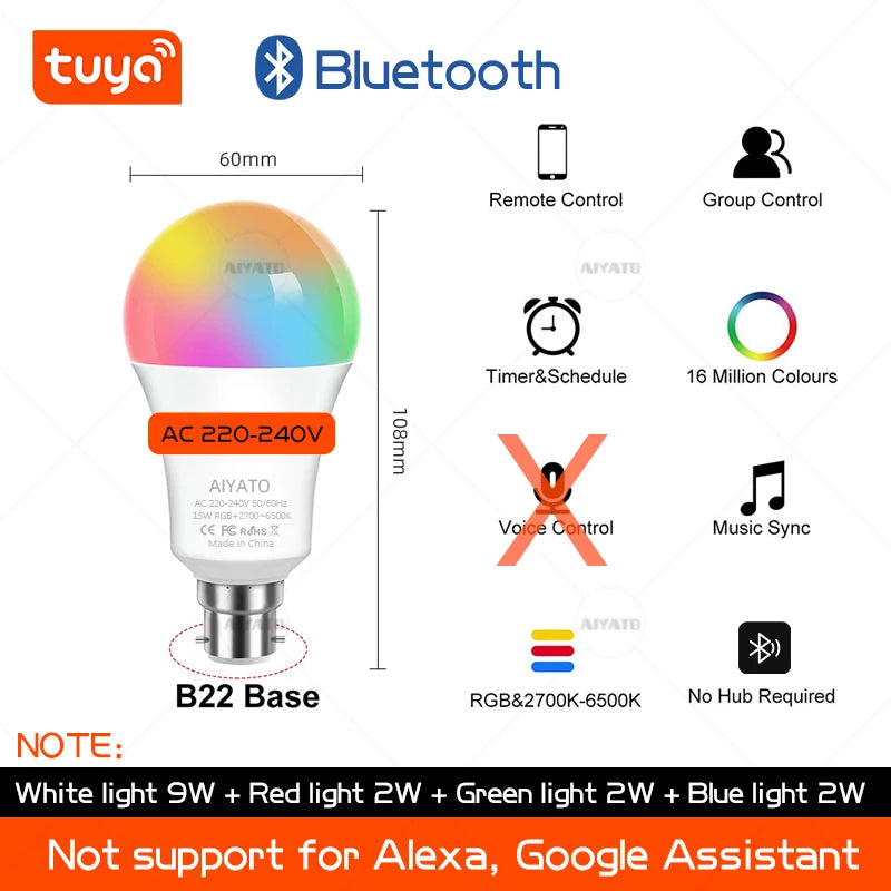 B22 Base TUYA Wifi Smart Bulb Bluetooth lamps Led RGB Smart Light 220V Alexa Google Assisatnt Voice Control Timing APP Group