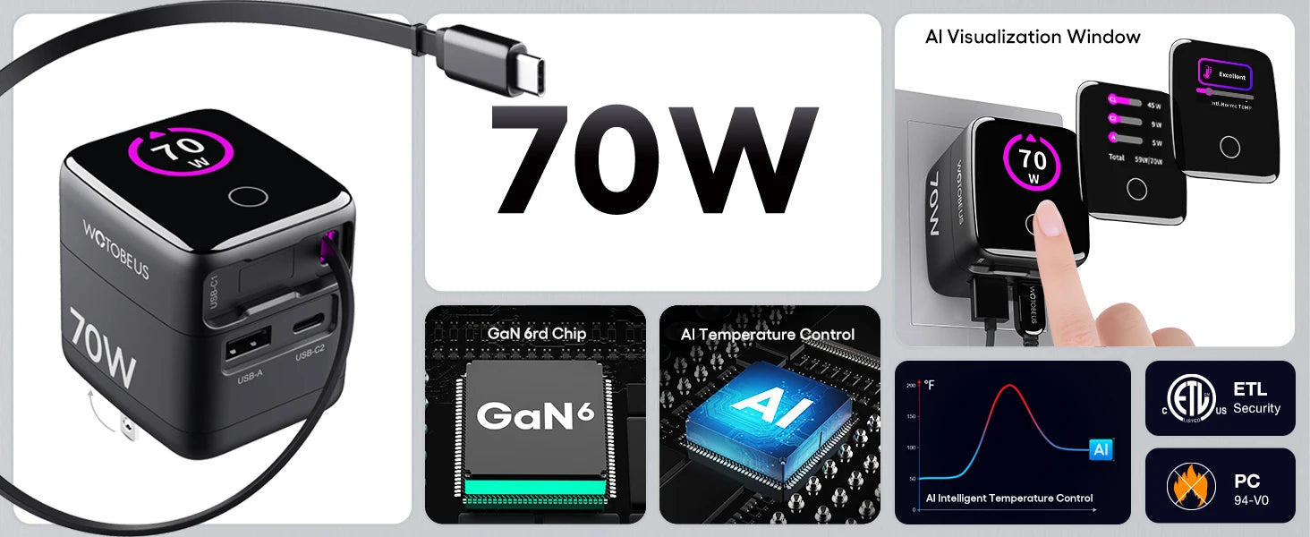 70W GaN USB-C Charger With Retractable Cable Power Adapter 65W PPS 45W Fast Charging for iPhone 17 Galaxy MacBook iPad