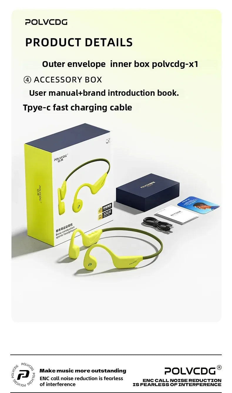 POLVCDG X1 Bone Conduction Cycling Earphones 32GB Memory Bluetooth 5.4 Open Running Headset Sports Technology 2025 Model