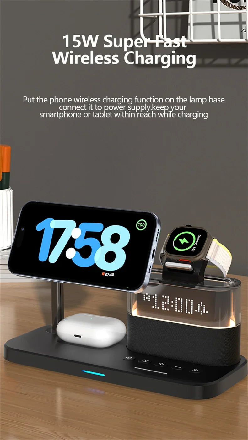 Qi2 5 In 1 Magnetic Wireless Charger Stand LED Night Light Alarm Clock for Samsung iPhone IWatch Airpods Fast Charging Station