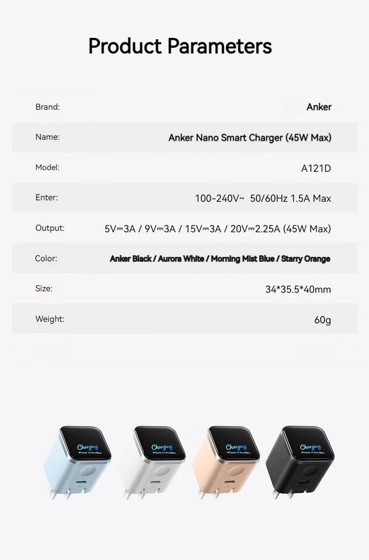 Anker Nano Smart 45W Type C Charger Fast Charging Compact and Foldable Plug USB C Charger Block for iphone 17 and more