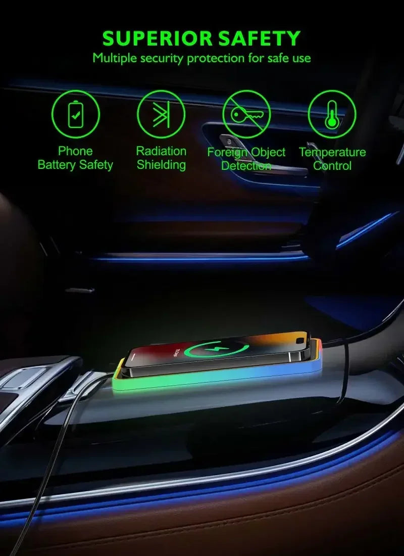 Car 100W Wireless Charger Pad ON/OFF RGB Anti Slip Base Phone Holder for iPhone 16-12 Samsung Xiaomi AirPods Pro 2 Fast Charging