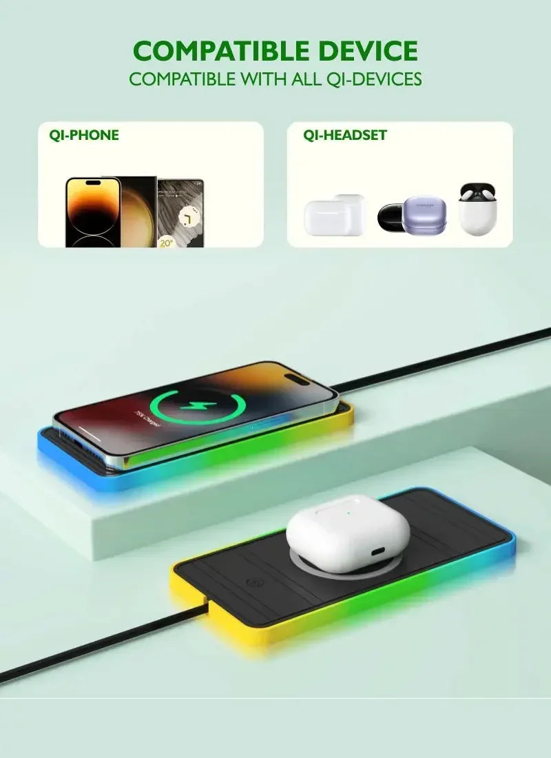 Car 100W Wireless Charger Pad ON/OFF RGB Anti Slip Base Phone Holder for iPhone 16-12 Samsung Xiaomi AirPods Pro 2 Fast Charging