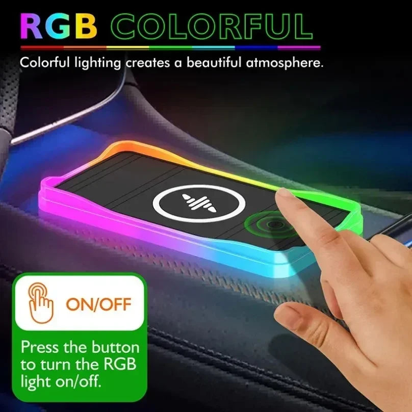 Car 100W Wireless Charger Pad ON/OFF RGB Anti Slip Base Phone Holder for iPhone 16-12 Samsung Xiaomi AirPods Pro 2 Fast Charging