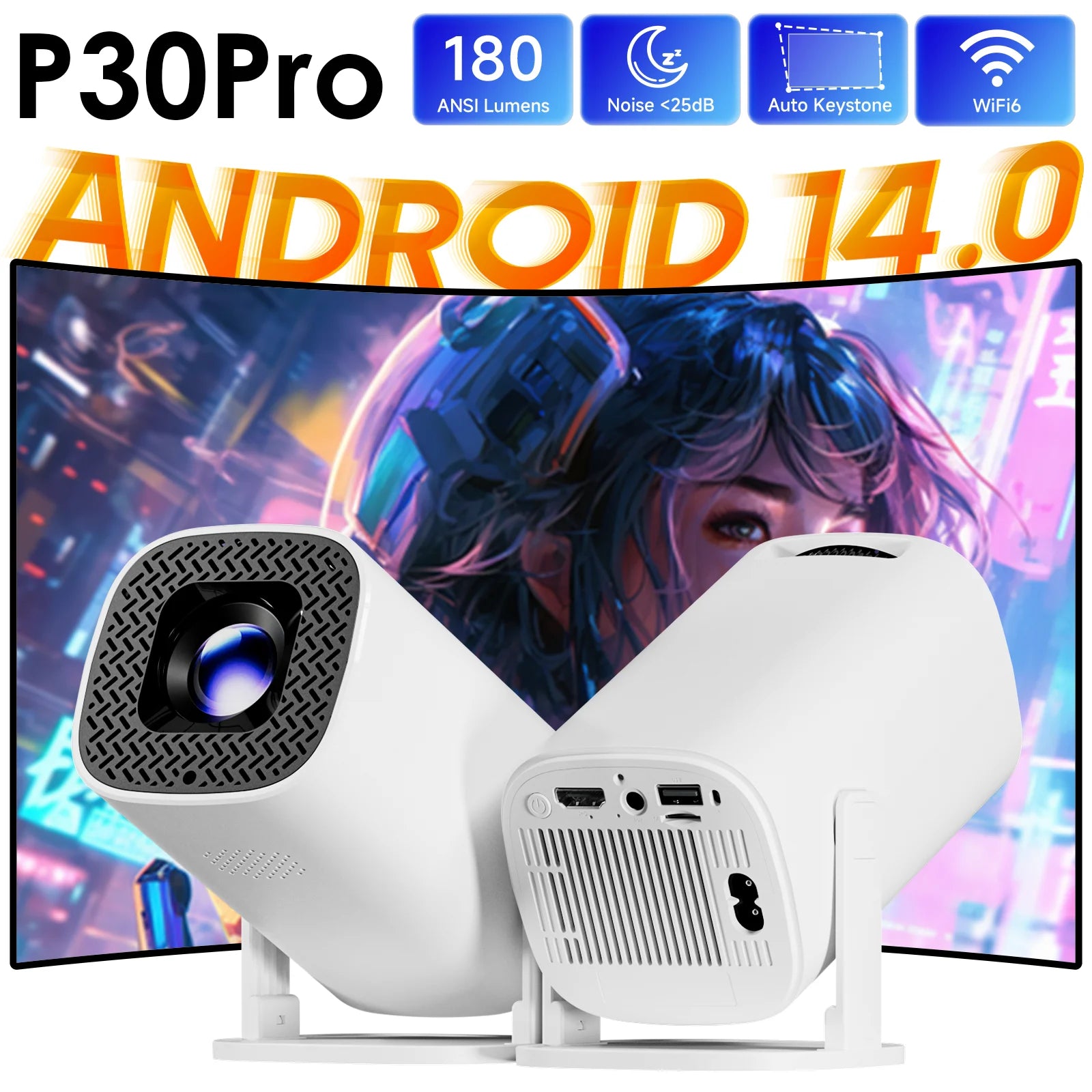 P30PRO Android 14 Smart Mini Projector WiFi6 BT 5.0 Supports 4K 1280 * 720P Supports Screen Mirroring Home Theater Projector