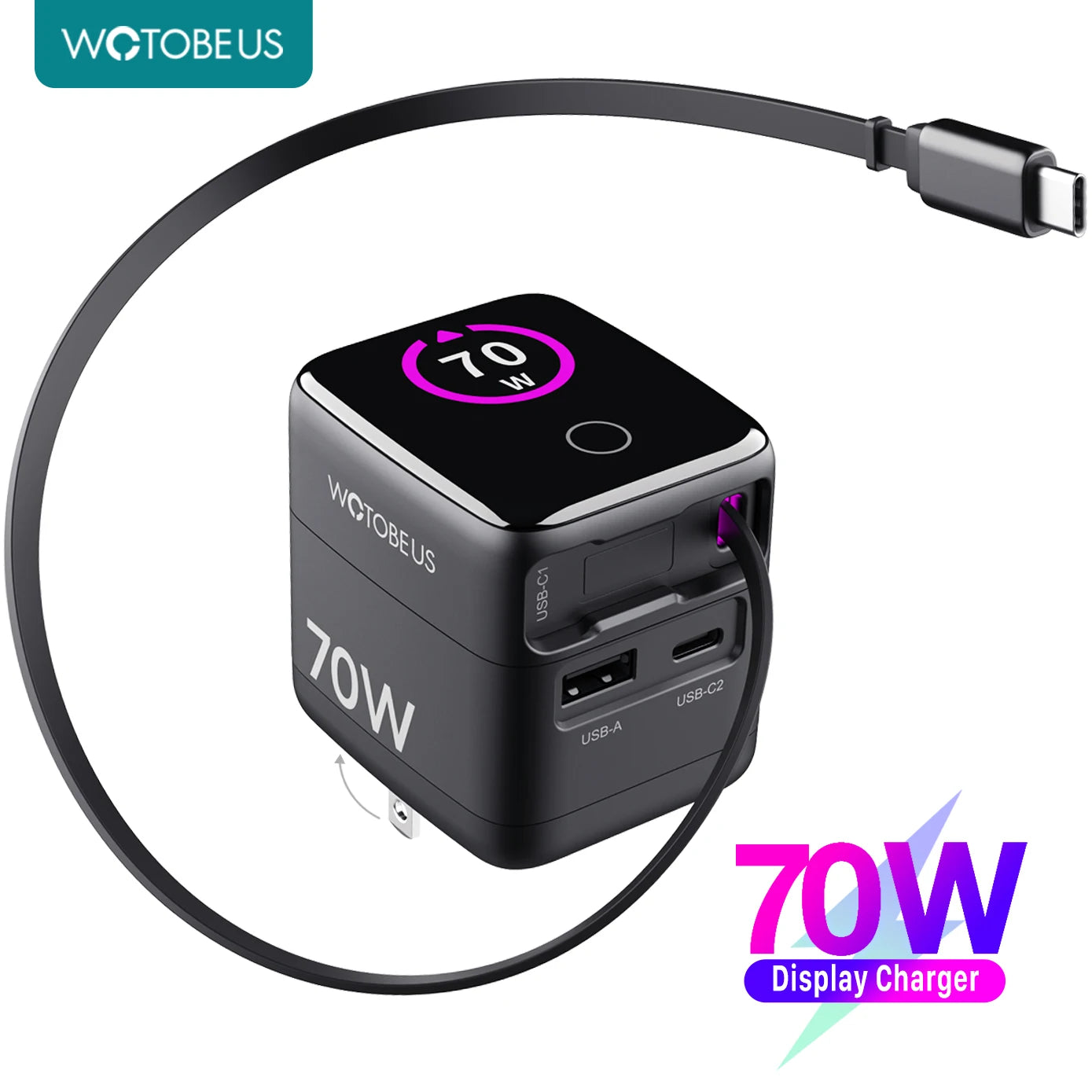 70W GaN USB-C Charger With Retractable Cable Power Adapter 65W PPS 45W Fast Charging for iPhone 17 Galaxy MacBook iPad