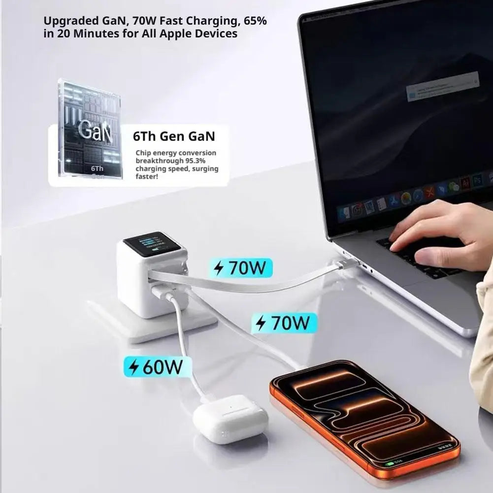 70W Smart AI GaN Charger TFT Touch Digital Display With Retractable Charging Cable And Fast Charging Head Kit