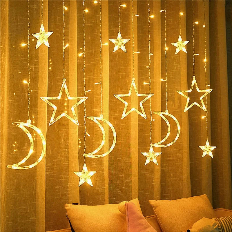 LED Star Moon Curtain String Light 3.5M Battery Powered Christmas Garland Decor Light Wedding Party Ramadan Decoration Supplies