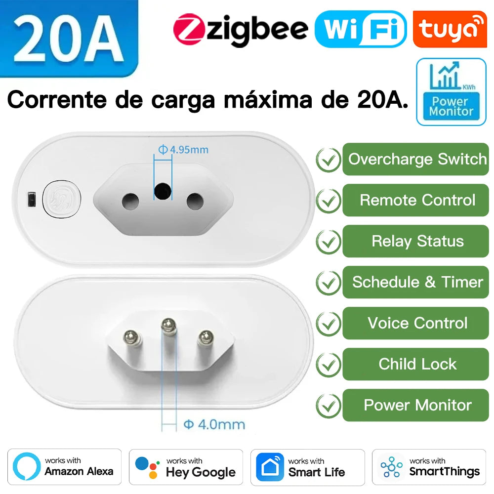 TNCE Tuya Brazil Plug 16/20A WiFi or Zigbee, socket with Power Monitor,Smart Life APP Remote control,Voice for Google Home Alexa