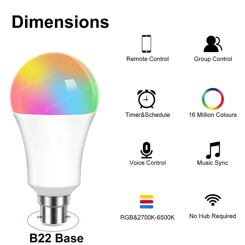 B22 Base TUYA Wifi Smart Bulb Bluetooth lamps Led RGB Smart Light 220V Alexa Google Assisatnt Voice Control Timing APP Group