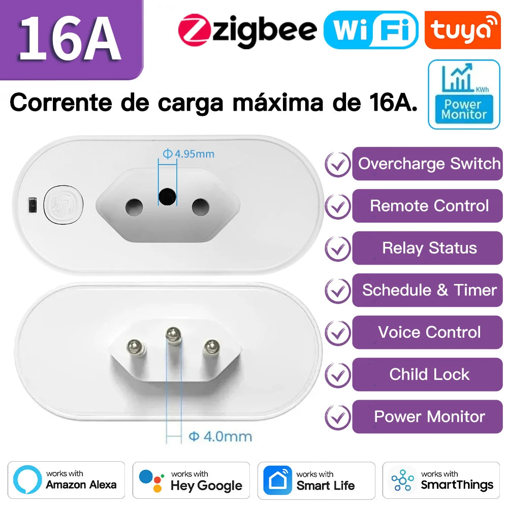 TNCE Tuya Brazil Plug 16/20A WiFi or Zigbee, socket with Power Monitor,Smart Life APP Remote control,Voice for Google Home Alexa