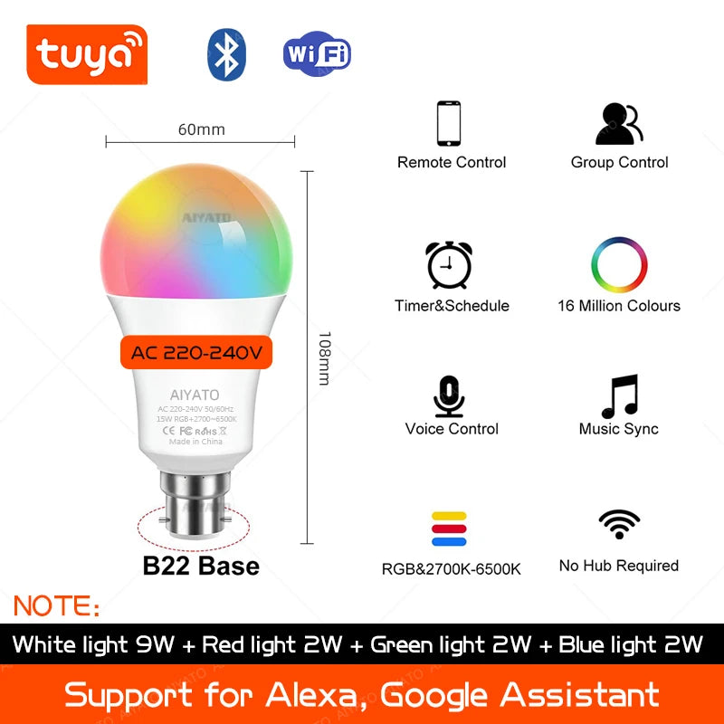 B22 Base TUYA Wifi Smart Bulb Bluetooth lamps Led RGB Smart Light 220V Alexa Google Assisatnt Voice Control Timing APP Group
