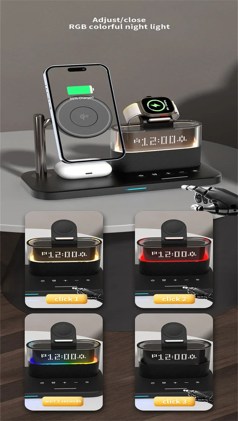 Qi2 5 In 1 Magnetic Wireless Charger Stand LED Night Light Alarm Clock for Samsung iPhone IWatch Airpods Fast Charging Station