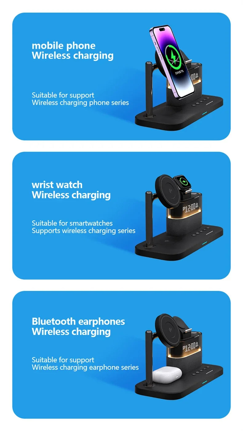 Qi2 5 In 1 Magnetic Wireless Charger Stand LED Night Light Alarm Clock for Samsung iPhone IWatch Airpods Fast Charging Station