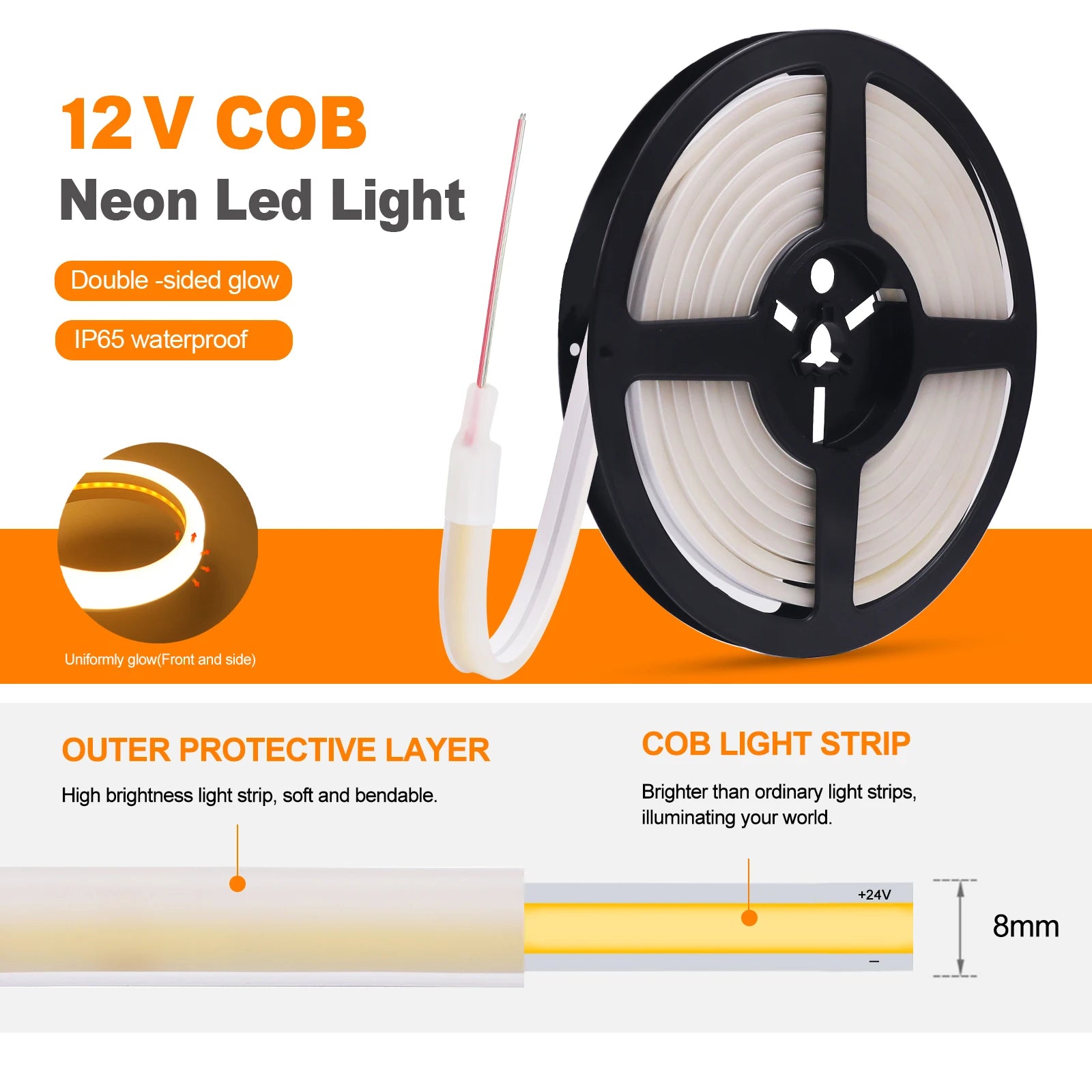 LED Strip COB Neon Light 12V 24V Front+Side Glow Flexible COB LED Tape 320LEDs High Density Linear Light Waterproof LED Ribbon