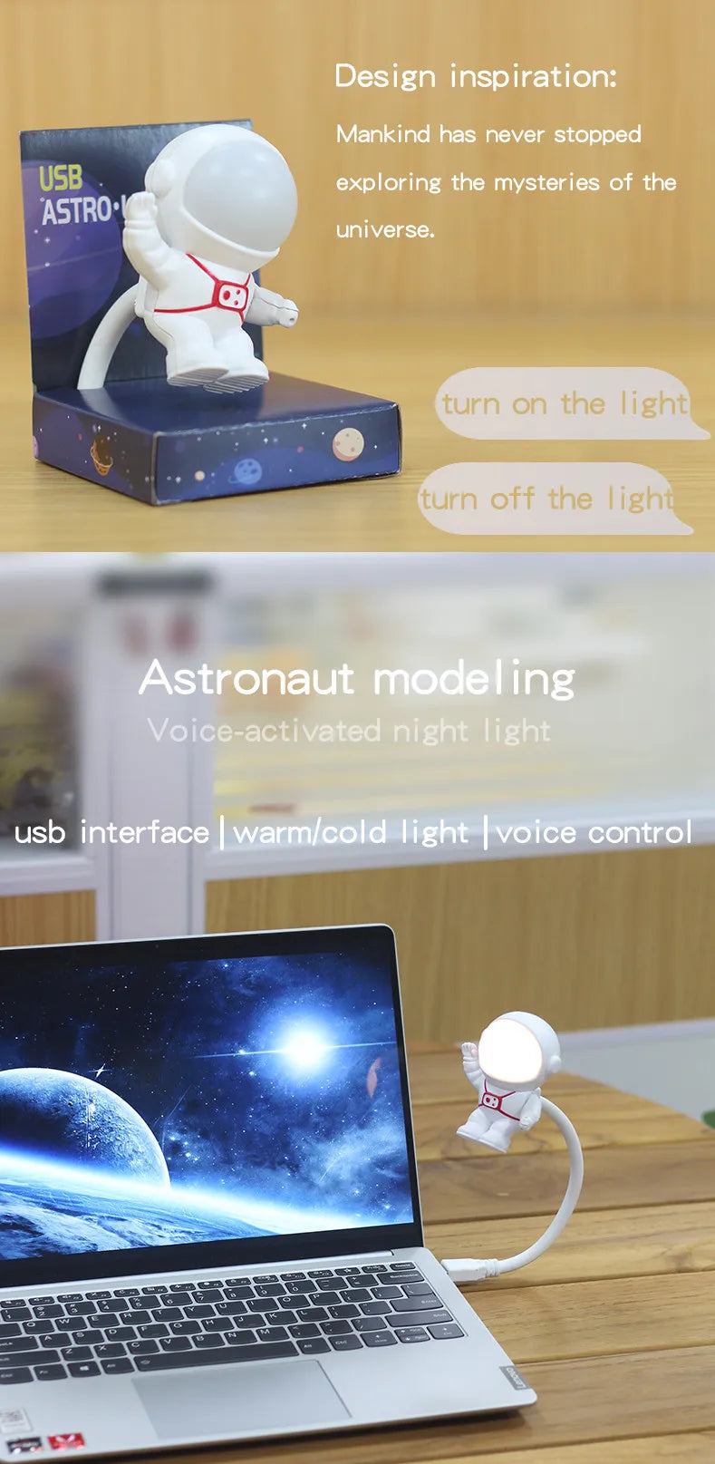 Astronaut USB Night Light Voice Control Mini LED USB Plug Eyes Protection LED Sound Sensor Bedroom Reading Desk Lamp Gift