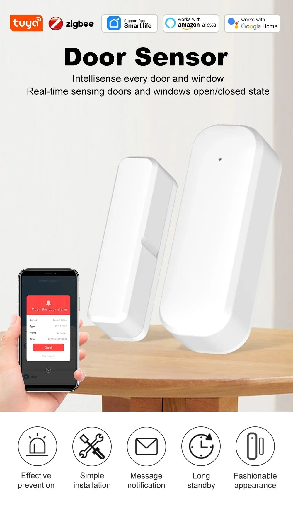 Tuya Zigbee Smart Door Sensor Window Door Open Closed Detectors Smart Home Security Alarm System Voice Control Via Alexa Google