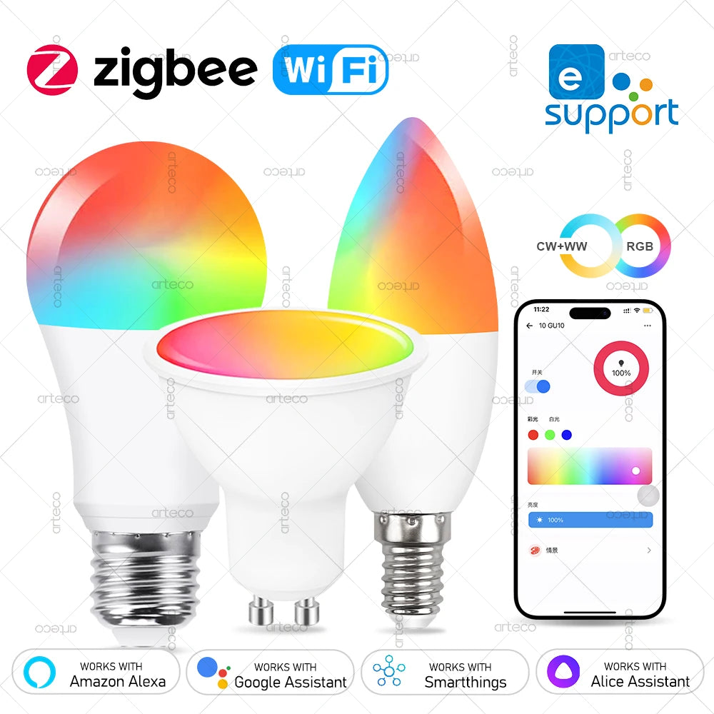 EWelink E27 E14 GU10 Smart Bulb WiFi Zigbee,Dimmable Led Light Bulb RGB CW Lamp Works With Alexa Amazon Google Home Yandex Alice