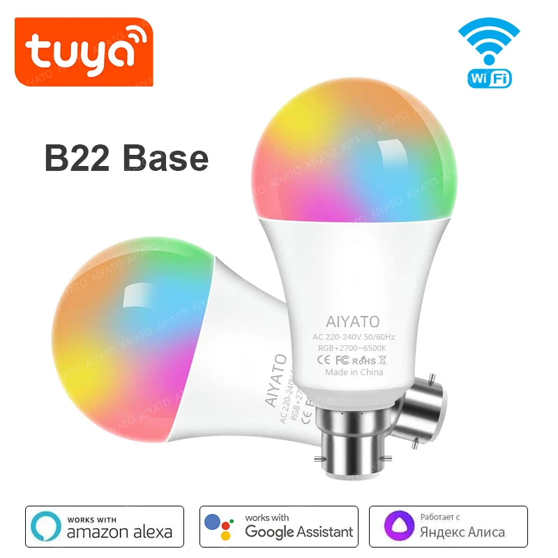B22 Base TUYA Wifi Smart Bulb Bluetooth lamps Led RGB Smart Light 220V Alexa Google Assisatnt Voice Control Timing APP Group