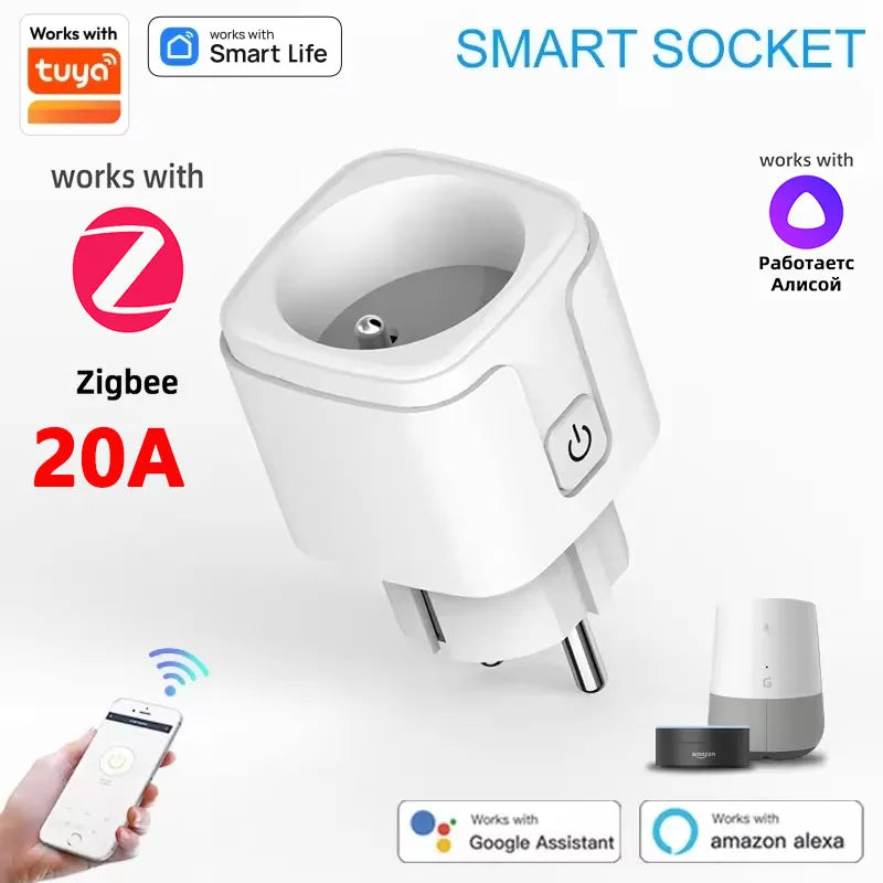 1PCS Zigbee 3.0 WiFi Smart Plug EU Socket Timer Adaptor Outlet 16A/20A Power Monitor APP Voice Control Tuya Alexa Google Alice