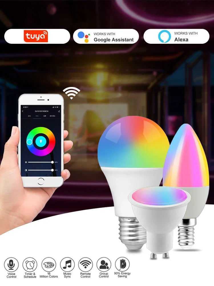 Dimmable Tuya Rgb Smart Bulb Gu10 C37 A60 T37 E14 E27 B22 Light Wifi Led Magic Lamp AC85V-265V Work With Alexa Google Home