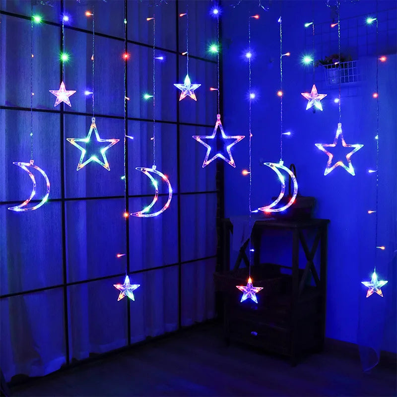 LED Star Moon Curtain String Light 3.5M Battery Powered Christmas Garland Decor Light Wedding Party Ramadan Decoration Supplies