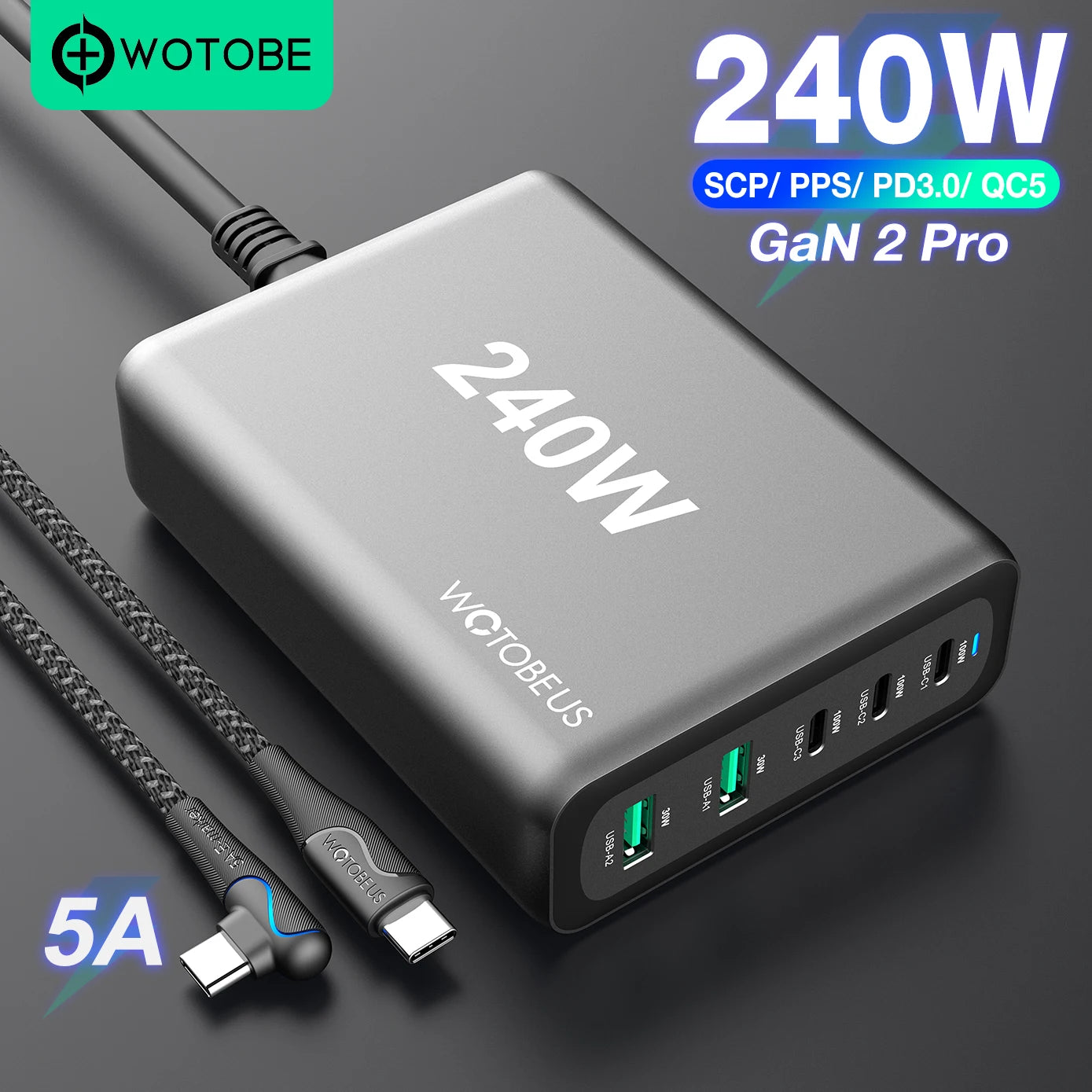 240W GaN Charger 5-Ports USB C PD Desktop Fast Charging Portable Power Station PD100W PPS 45W QC4 For MacBook iPhone 17 Samsung