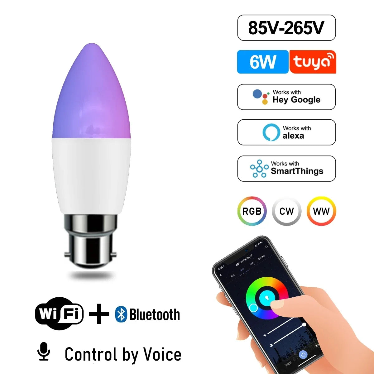 Dimmable Tuya Rgb Smart Bulb Gu10 C37 A60 T37 E14 E27 B22 Light Wifi Led Magic Lamp AC85V-265V Work With Alexa Google Home