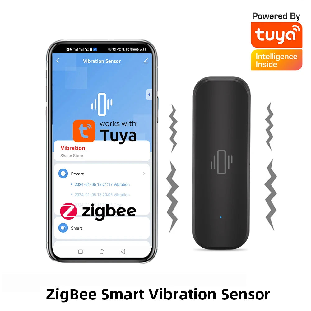 WiFi or Zigbee Vibration Sensor Home Security Protection Tuya Smart Life App Real-time Remote Shock Alarm with Black Color