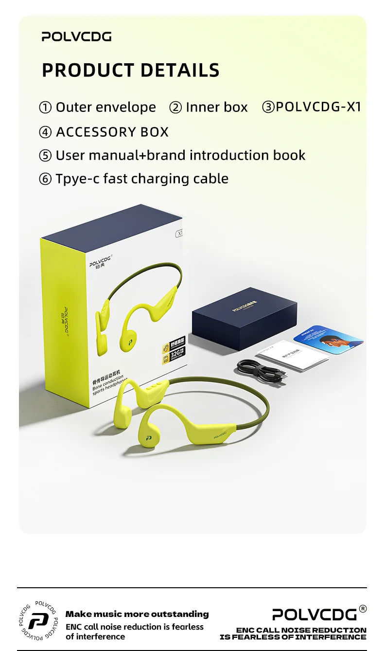 POLVCDG X1 Bone Conduction Cycling Earphones 32GB Memory Bluetooth 5.4 Open Running Headset Sports Technology 2025 Model